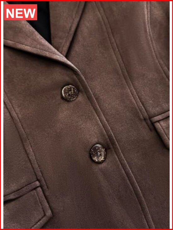 Faux Suede Blazer with Pockets, Long Sleeve Open Front Lapel Jacket - Picture 4 of 6